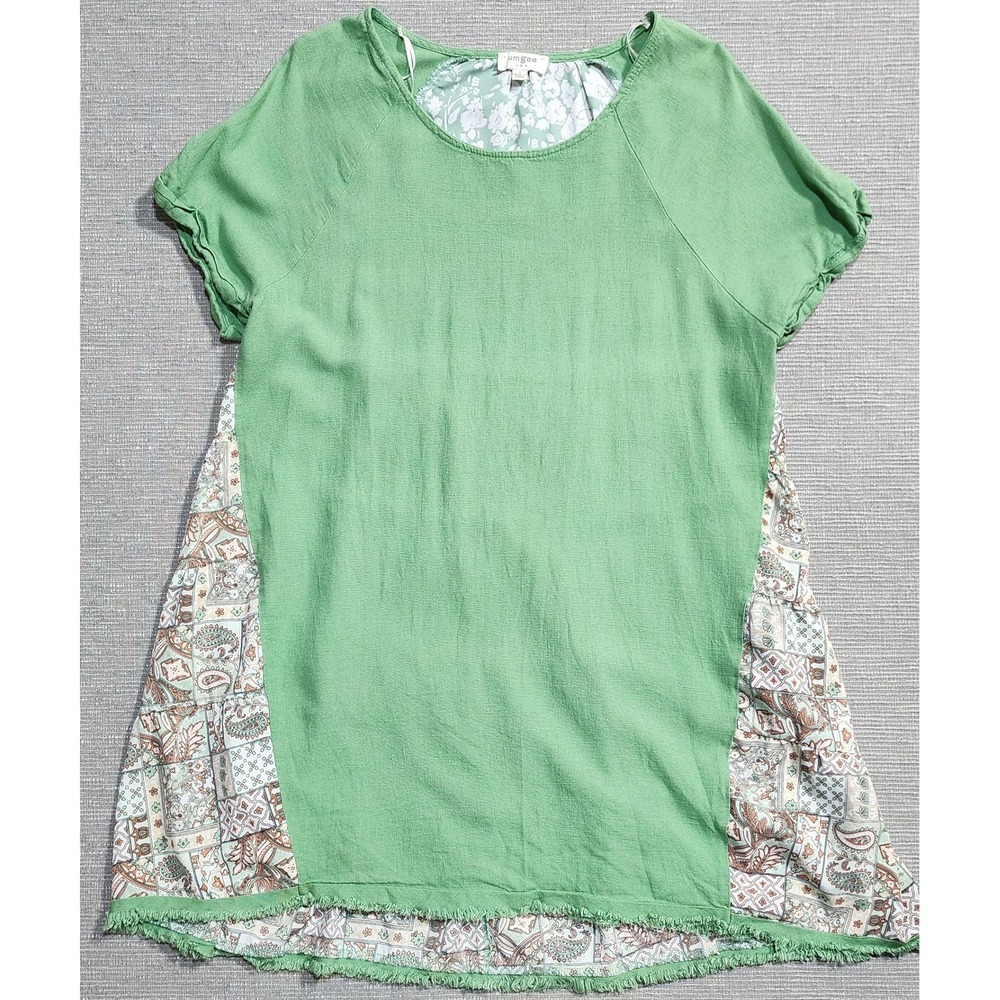 Umgee Green Linen Blend Boho Tunic Dress Paisley Print Frayed Hem Small β market
